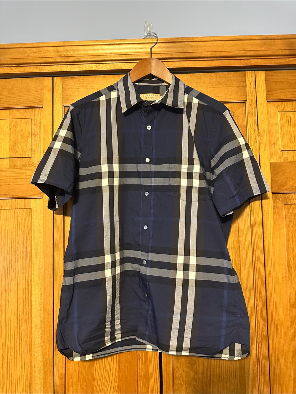 Burberry Men’s Navy Plaid Short Sleeve Button-Down Shirt